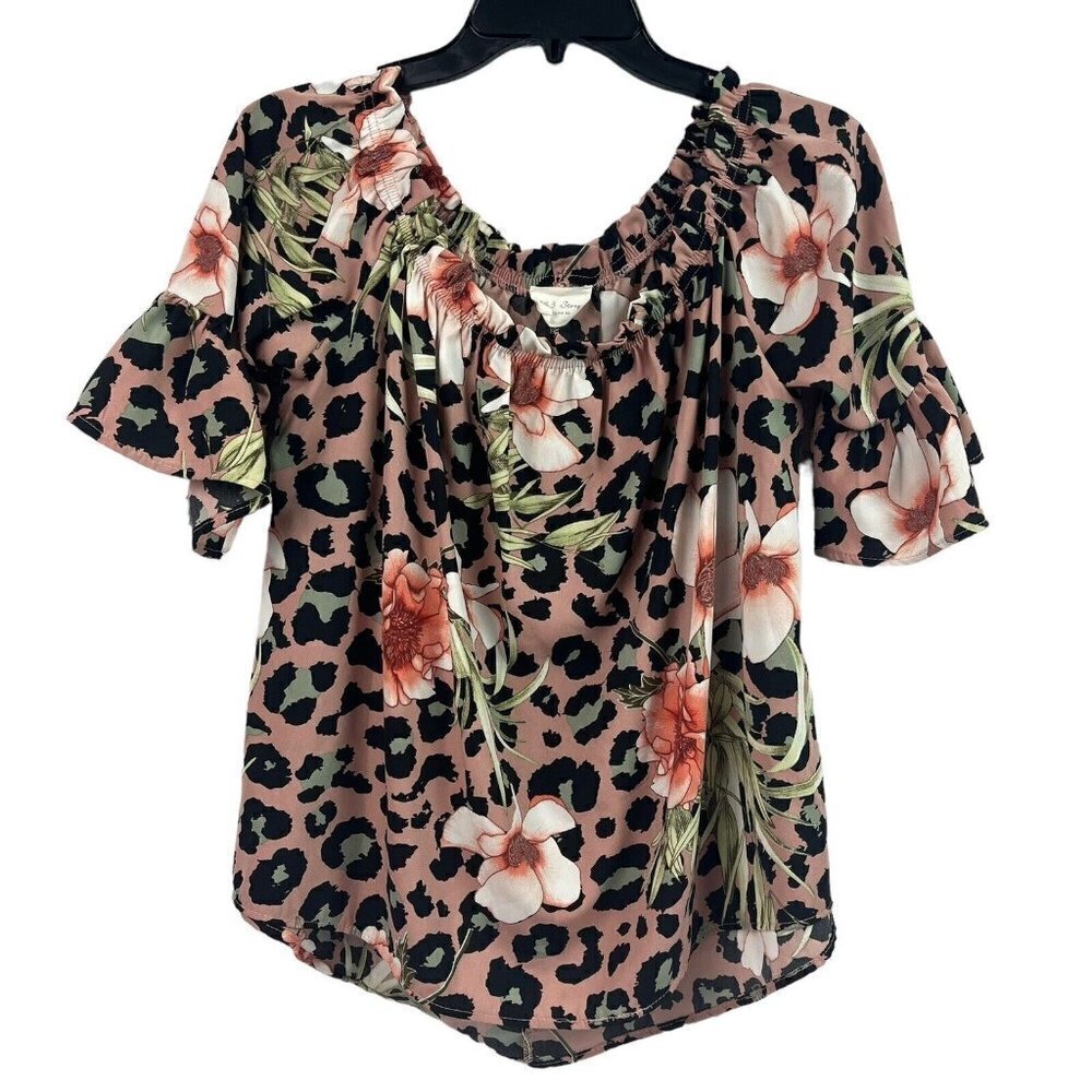 143 Story by Line Up Womens Top Off Shoulder Floral Animal Print Blouse Medium